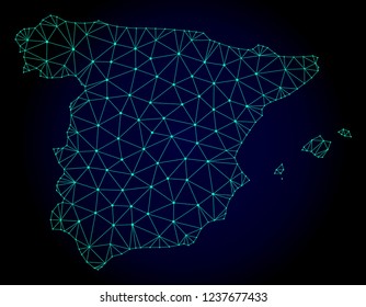 Polygonal mesh map of Spain. Abstract mesh lines, triangles and points on dark background with map of Spain. Wire frame 2D polygonal line network in vector format on a dark blue background.