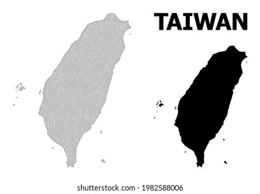Mapa de malla poligonal de Taiwán en alta resolución. Líneas de malla, triángulos y puntos forman un mapa de Taiwán. Red de línea poligonal 2D de marco de alambre de alto detalle en formato vectorial sobre fondo blanco.