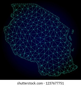 Polygonal mesh map of Tanzania. Abstract mesh lines, triangles and points on dark background with map of Tanzania. Wire frame 2D polygonal line network in vector format on a dark blue background.