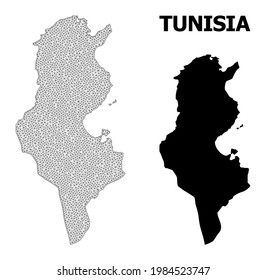Polygonal mesh map of Tunisia in high resolution. Mesh lines, triangles and dots form map of Tunisia. High resolution wire frame carcass polygonal line network in vector format on a white background.