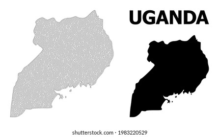Polygonale Maschenkarte Ugandas in hoher Detailauflösung. Maschenlinien, Dreiecke und Punkte bilden eine Karte von Uganda.