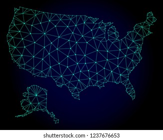 Polygonal mesh map of USA and Alaska. Abstract mesh lines, triangles and points on dark background with map of USA and Alaska.