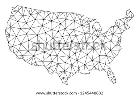 Polygonal mesh map of USA in black color. Abstract mesh lines, triangles and points with map of USA. Wire frame 2D polygonal line network in vector format. Carcass model for patriotic templates.