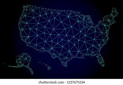 Polygonal mesh map of USA territories. Abstract mesh lines, triangles and points on dark background with map of USA territories.