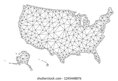 Polygonal mesh map of USA territories in black color. Abstract mesh lines, triangles and points with map of USA territories. Wire frame 2D polygonal line network in vector format.