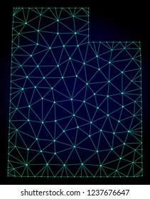 Polygonal mesh map of Utah State. Abstract mesh lines, triangles and points on dark background with map of Utah State. Wire frame 2D polygonal line network in vector format on a dark blue background.