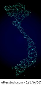 Polygonal mesh map of Vietnam. Abstract mesh lines, triangles and points on dark background with map of Vietnam. Wire frame 2D polygonal line network in vector format on a dark blue background.