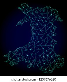Polygonal mesh map of Wales. Abstract mesh lines, triangles and points on dark background with map of Wales. Wire frame 2D polygonal line network in vector format on a dark blue background.