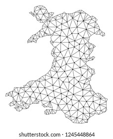 Polygonal mesh map of Wales in black color. Abstract mesh lines, triangles and points with map of Wales. Wire frame 2D polygonal line network in vector format. Carcass model for patriotic purposes.