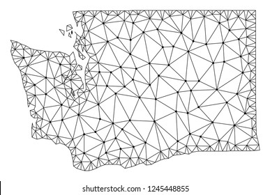 Polygonal mesh map of Washington State in black color. Abstract mesh lines, triangles and points with map of Washington State. Wire frame 2D polygonal line network in vector format.