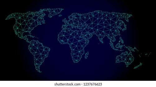 Polygonal mesh map of world. Abstract mesh lines, triangles and points on dark background with map of world. Wire frame 2D polygonal line network in vector format on a dark blue background.