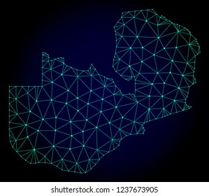 Polygonal mesh map of Zambia. Abstract mesh lines, triangles and points on dark background with map of Zambia. Wire frame 2D polygonal line network in vector format on a dark blue background.