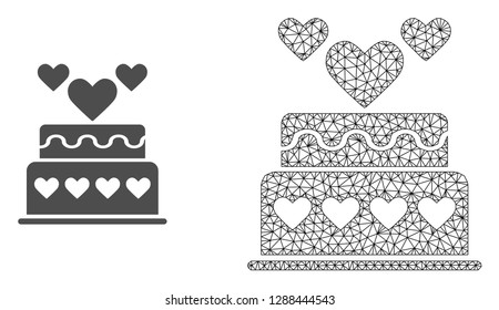 Polygonal mesh marriage cake and flat icon are isolated on a white background. Abstract black mesh lines, triangles and dots forms marriage cake icon.