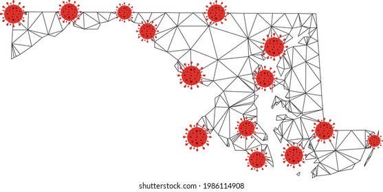 Polygonal mesh Maryland State map with coronavirus centers. Abstract mesh connected lines and flu viruses on Maryland State map. Vector wireframe 2D polygonal network in black and red colors.