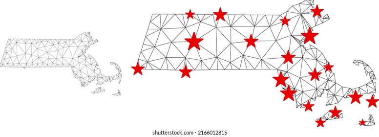 Polygonal mesh Massachusetts State map with red star centers. Abstract network connected lines and stars form Massachusetts State map. Vector wireframe 2D polygonal network in black and red colors.