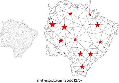 Mapa de malla poligonal Mato Grosso do Sul con centros de estrellas rojas. Resumen de las líneas y estrellas conectadas en malla del Mato Grosso do Sul.