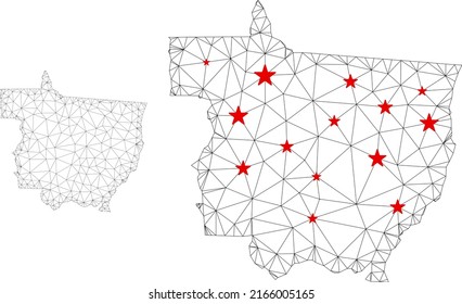 Mapa del estado Mato Grosso de malla poligonal con centros de estrellas rojas. Resumen de las líneas conectadas en malla y estrellas del mapa del estado de Mato Grosso. Red poligonal 2D del marco de cables vectores en colores negro y rojo.