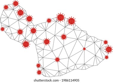 Polygonal mesh Maui Island map with coronavirus centers. Abstract mesh connected lines and covid- 2019 viruses on Maui Island map. Vector wireframe flat polygonal network in black and red colors.