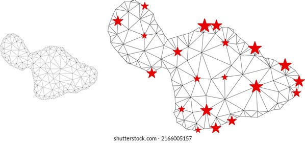 Polygonal mesh Maui Island map with red star centers. Abstract network connected lines and stars form Maui Island map. Vector wireframe 2D polygonal network in black and red colors.