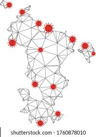 Polygonal mesh Mayotte Island map with coronavirus centers. Abstract network connected lines and covid viruses form Mayotte Island map. Vector wireframe 2D polygonal network in black and red colors.