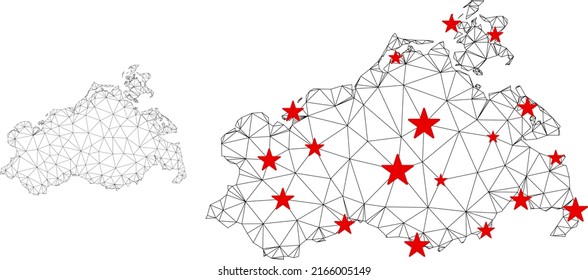 Polygonal mesh Mecklenburg-Vorpommern Land map with red star centers. Abstract network connected lines and stars form Mecklenburg-Vorpommern Land map.