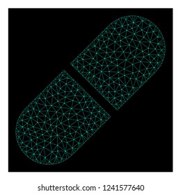 Polygonal mesh medication pill. Abstract lines, triangles and points organized into medication pill. Wire frame 2D polygonal line network in vector format on a dark blue background.