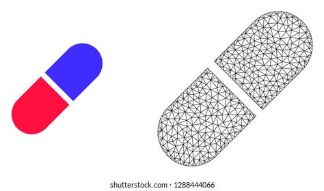 Polygonal mesh medication pill and flat icon are isolated on a white background. Abstract black mesh lines, triangles and dots forms medication pill icon.