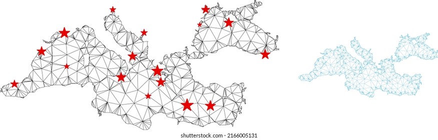 Polygonal mesh Mediterranean Sea map with red star centers. Abstract network connected lines and stars form Mediterranean Sea map. Vector wireframe flat polygonal network in black and red colors.