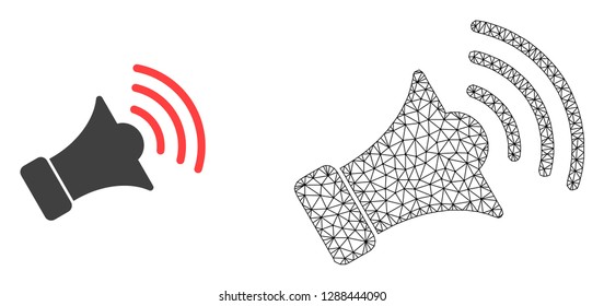 Polygonal mesh megaphone and flat icon are isolated on a white background. Abstract black mesh lines, triangles and dots forms megaphone icon.