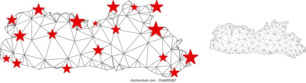 Polygonal mesh Meghalaya State map with red star centers. Abstract network connected lines and stars form Meghalaya State map. Vector wireframe flat polygonal network in black and red colors.