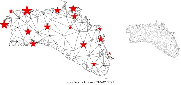 Mapa de la Isla de Menorca de malla poligonal con centros de estrellas rojas. Resumen de líneas conectadas en red y estrellas del mapa de la isla de Menorca. Vector wireframe red poligonal plana en color negro y rojo.