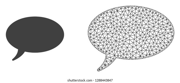 Polygonal mesh message cloud and flat icon are isolated on a white background. Abstract black mesh lines, triangles and nodes forms message cloud icon.