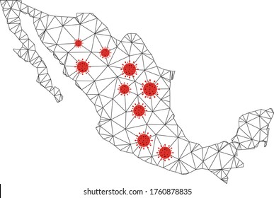 Polygonal mesh Mexico map with coronavirus centers. Abstract net lines, triangles and flu viruses form Mexico map. Vector wireframe flat polygonal network in black and red colors.