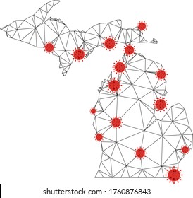 Polygonal Mesh Michigan State Map With Coronavirus Centers. Abstract Network Connected Lines And Covid Viruses Form Michigan State Map.