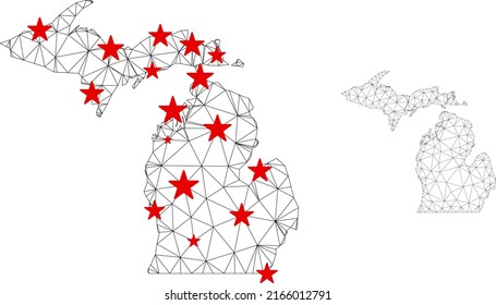 Polygonal mesh Michigan State map with red star centers. Abstract mesh connected lines and stars form Michigan State map. Vector wireframe 2D polygonal network in black and red colors.