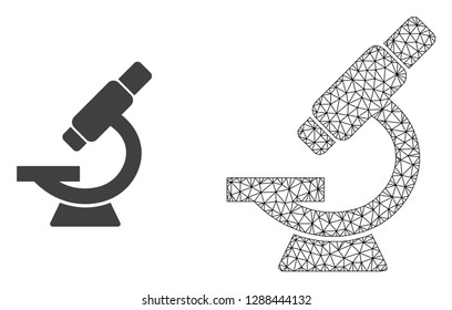 Polygonal mesh microscope and flat icon are isolated on a white background. Abstract black mesh lines, triangles and nodes forms microscope icon.