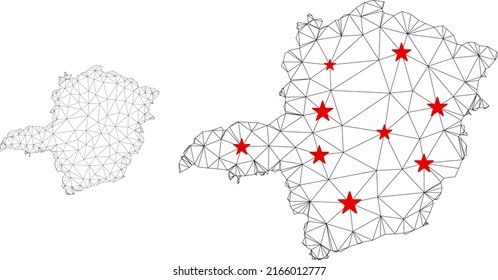 Polygonal mesh Minas Gerais State map with red star centers. Abstract net connected lines and stars form Minas Gerais State map. Vector wireframe 2D polygonal network in black and red colors.