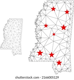 Polygonal mesh Mississippi State map with red star centers. Abstract mesh connected lines and stars form Mississippi State map. Vector wireframe flat polygonal network in black and red colors.