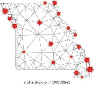 Polygonale Mesh Missouri State Map mit Coronavirus-Zentren. Abstrakte vernetzte Linien und Grippeviren auf der Zustandskarte von Missouri. Vektordrahtrahmen 2D Polygonnetz in Schwarz-Rot-Farben.