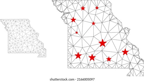 Polygonal Mesh Missouri State Map mit roten Sternen Zentren. Abstraktes Netzwerk verbindet Linien und Sterne von Missouri State Map. Vektor Wireframe 2D Polygonnetzwerk in Schwarz und Rot Farben.