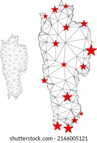 Polygonal mesh Mizoram State map with red star centers. Abstract mesh connected lines and stars form Mizoram State map. Vector wireframe 2D polygonal network in black and red colors.