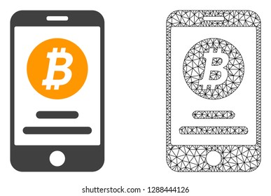 Polygonal mesh mobile bitcoin account and flat icon are isolated on a white background. Abstract black mesh lines, triangles and dots forms mobile bitcoin account icon.