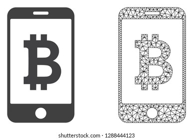 Polygonal mesh mobile bitcoin bank and flat icon are isolated on a white background. Abstract black mesh lines, triangles and dots forms mobile bitcoin bank icon.