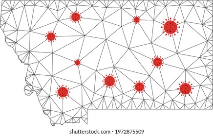 Polygonal mesh Montana State map with coronavirus centers. Abstract network connected lines and covid- 2019 viruses form Montana State map.