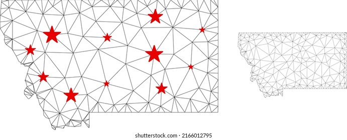 Polygonal mesh Montana State map with red star centers. Abstract network connected lines and stars form Montana State map. Vector wireframe flat polygonal network in black and red colors.