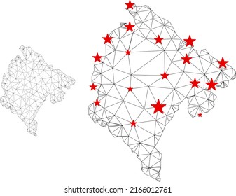 Polygonal mesh Montenegro map with red star centers. Abstract network connected lines and stars form Montenegro map. Vector wireframe flat polygonal network in black and red colors.