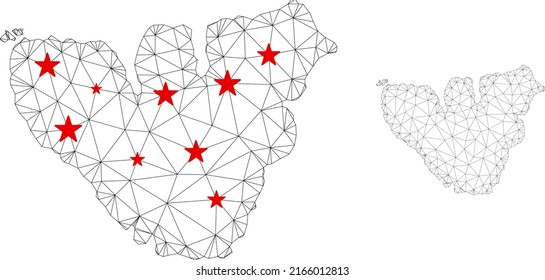 Polygonal mesh Moorea Island map with red star centers. Abstract mesh connected lines and stars form Moorea Island map. Vector wireframe flat polygonal network in black and red colors.