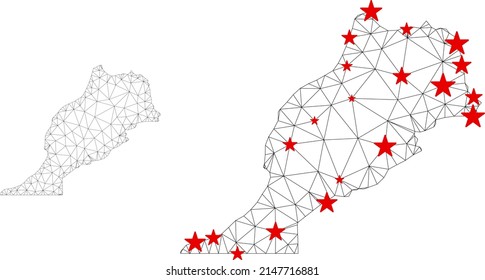 Mapa marroquí de malla poligonal con centros de estrellas rojas. Resumen de líneas conectadas en malla y estrellas de mapa de Marruecos. Red poligonal 2D del marco de cables vectores en colores negro y rojo.