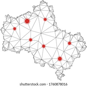 Polygonal mesh Moscow Oblast map with coronavirus centers. Abstract mesh connected lines and covid- 2019 viruses form Moscow Oblast map.