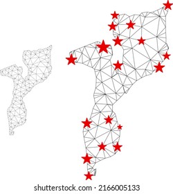 Polygonal mesh Mozambique map with red star centers. Abstract mesh connected lines and stars form Mozambique map. Vector wire frame flat polygonal network in black and red colors.